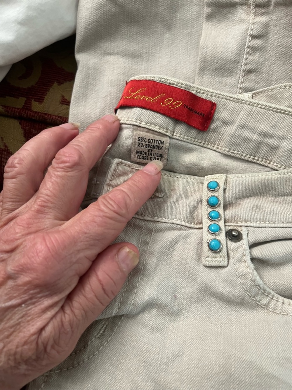 Level 99 High-Rise Cream Jeans with Turquoise Studs